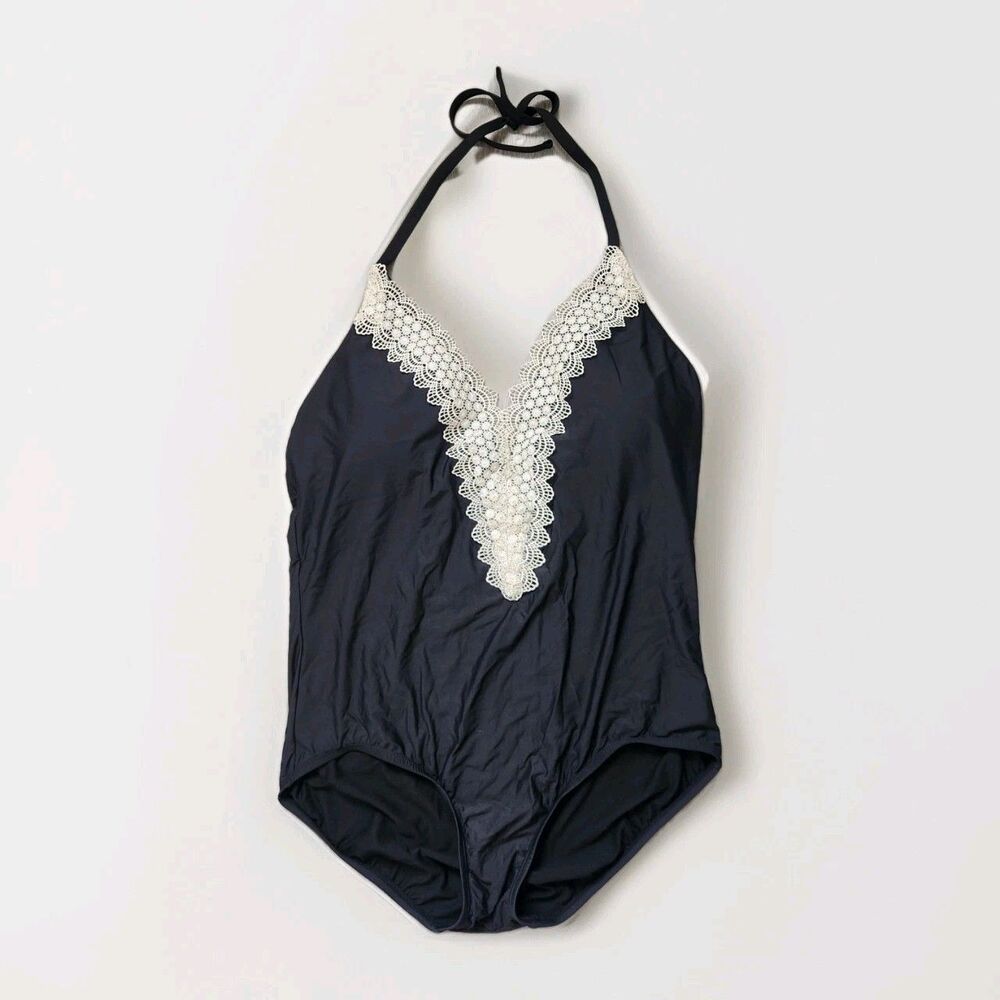 Sea Angel Swimsuit Womens 2X Black Lace Trim Halter One Piece Swimwear EUC